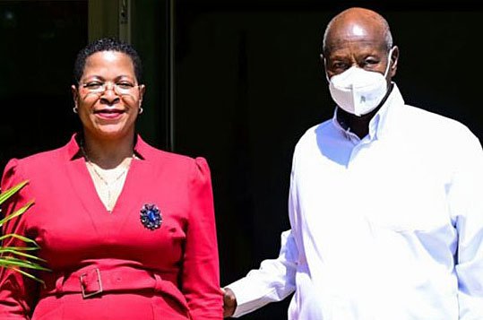 Anita Among and-President Yoweri Museveni in happier times. (Photo courtesy of The Nation)