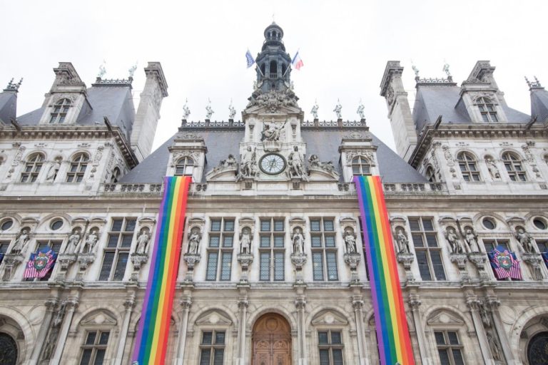 Rainbow flags decorate the Paris City Hall. (Photo courtesy of Tetu)