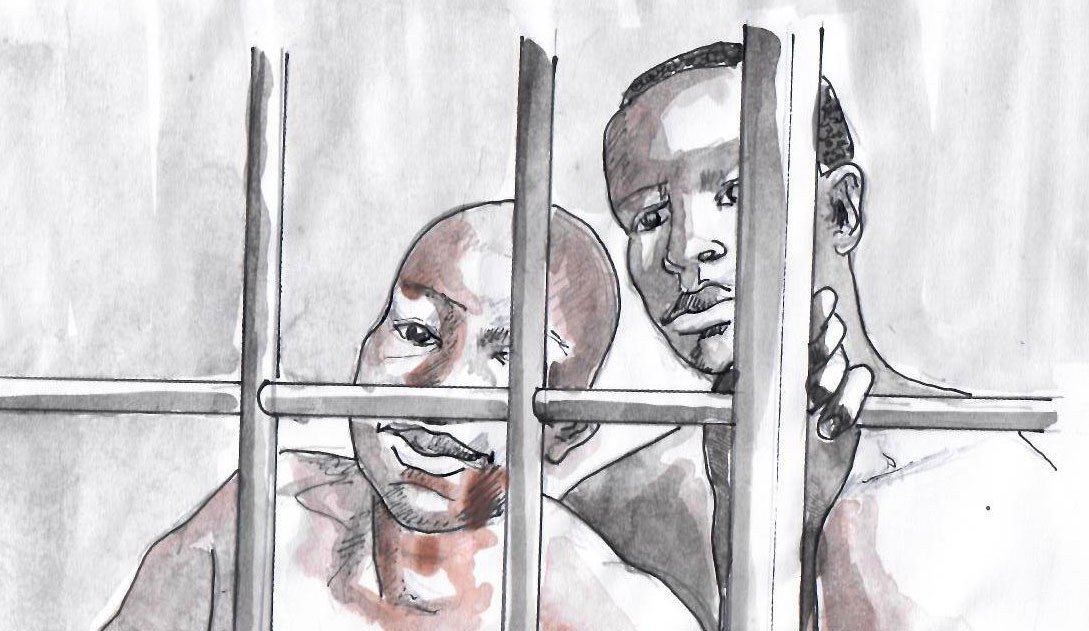Illustration depicting two of the innocent gay prisoners who can be released if readers support Project Not Alone. To DONATE, click the image. (Illustration by Vincent Kyabayinze, East Africa Visual Artists / EAVA Artists)