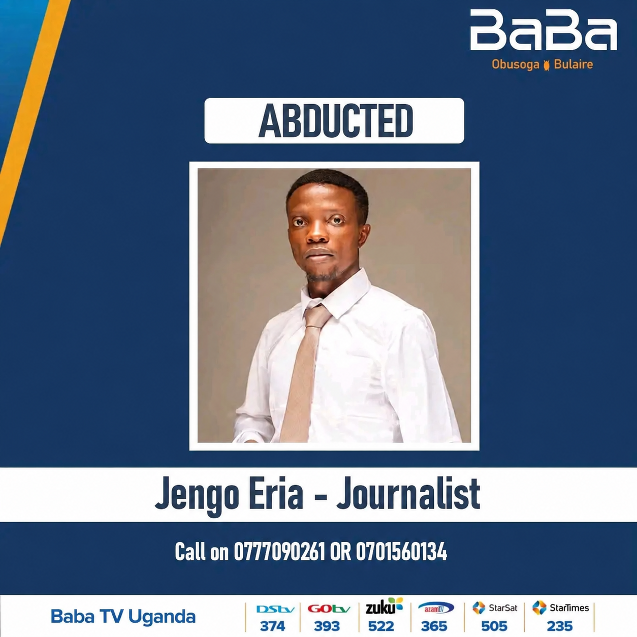 Baba TV Journalist Jjengo Eria Missing, Abduction by Security Forces Feared
